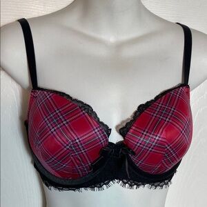 Victoria's Secret Red Plaid Bra with Black Lace Size 32DD Dream Angels
